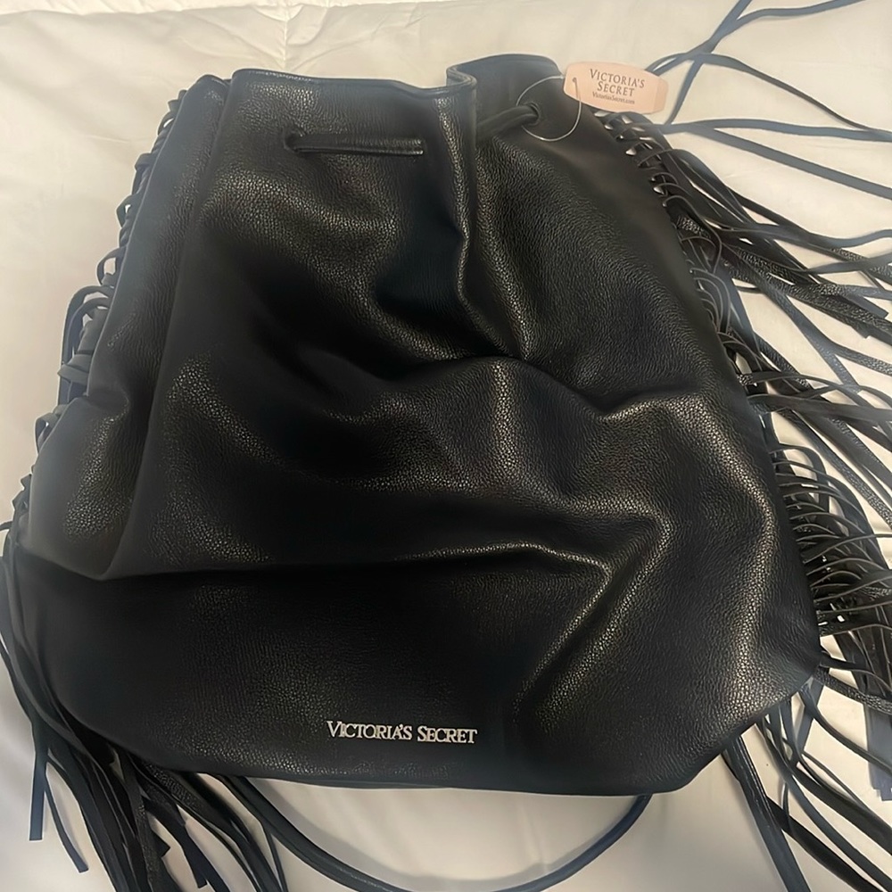 NWT Victoria secret black leather fringe drawstring backpack